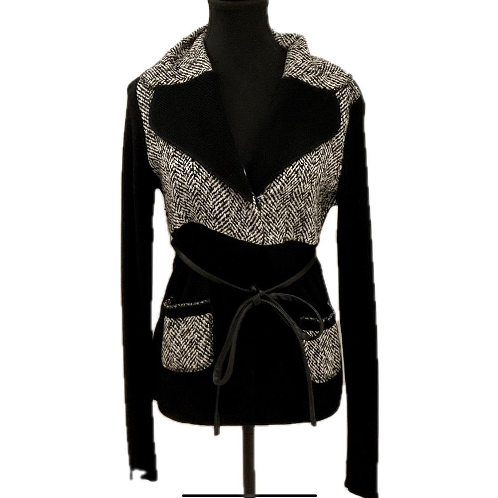 Linea Domani Mixed Media Sweater Jacket with Snap and belt.